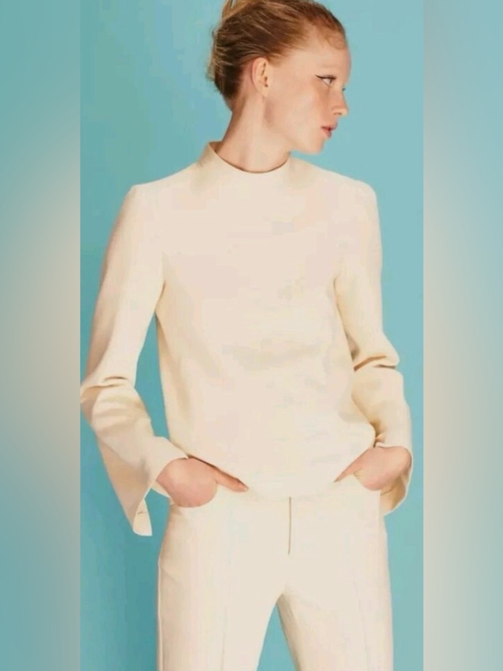 Zara Cream Long-Sleeve Mock Neck Top